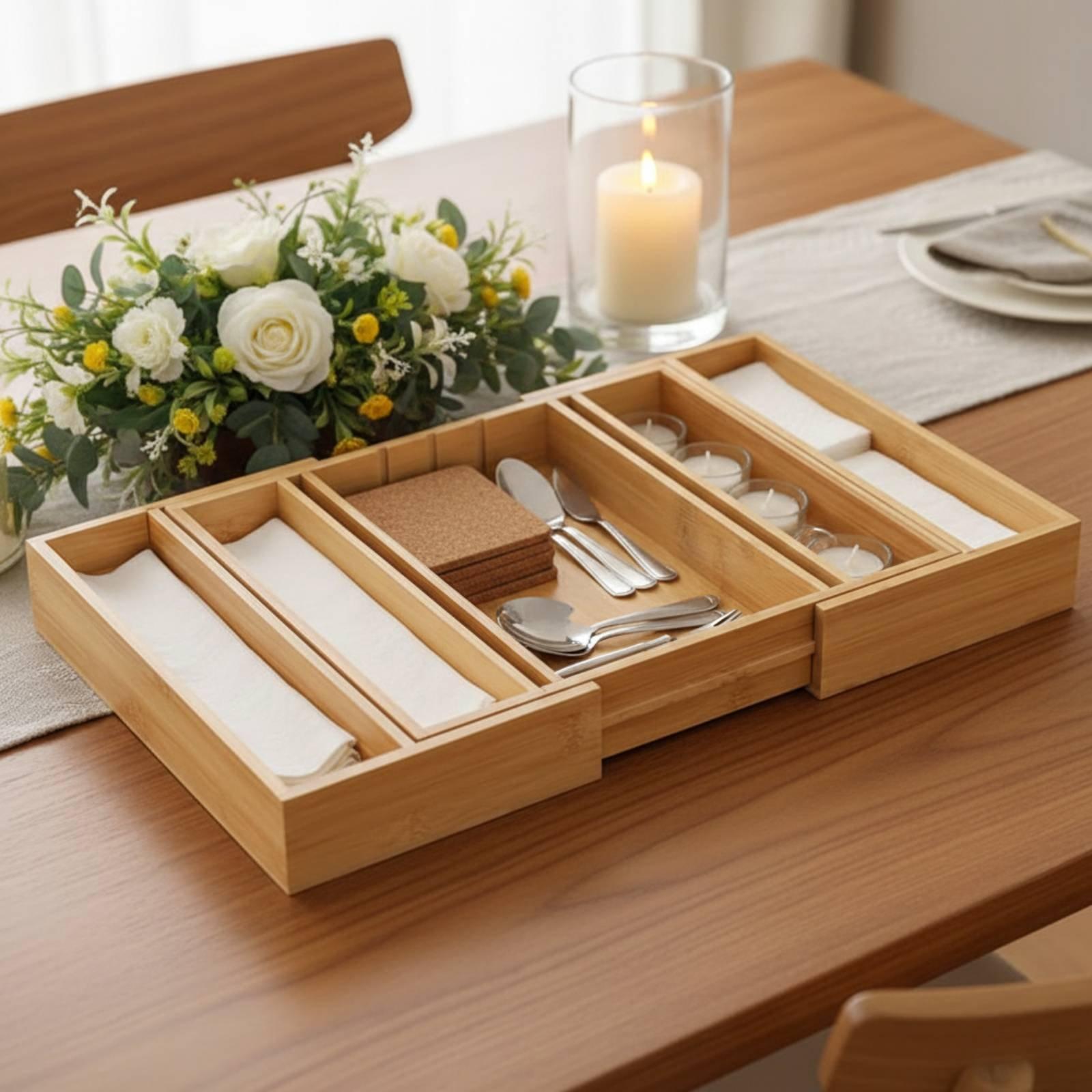 Drawer Organizer Tray - Organizador de utensilios de bambú ajustable